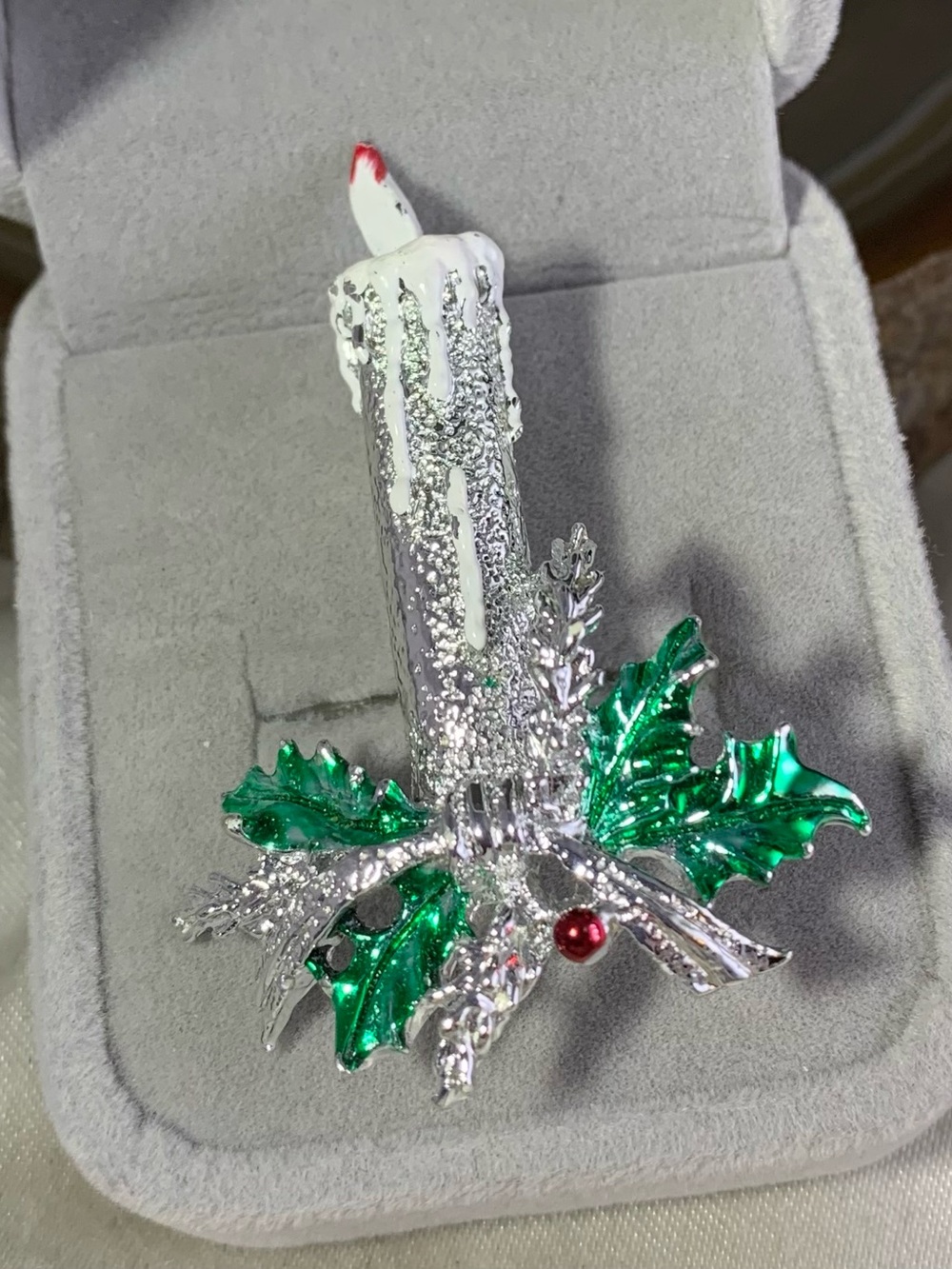 Silver and Green Holiday Candle Brooch with Red Berry Accent